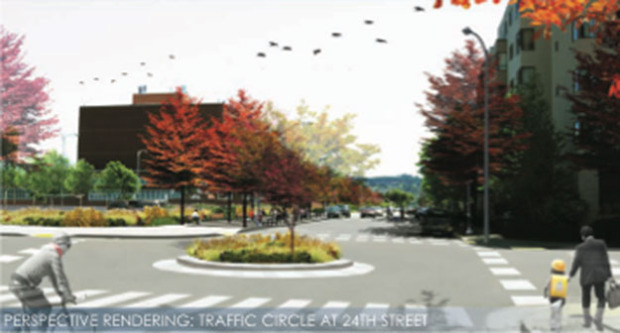 Artist rendering of aesthetic and functional improvements for pedestrian and bicycle traffic along Nevin Avenue between the Civic Center and BART station. (Courtesy: Richmond Community Redevelopment Agency)